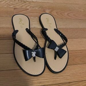 Etcetera Black Braided Bow Rhinestone Flip Flop Sandals